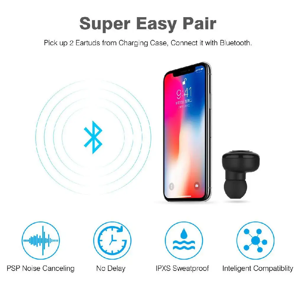 Bluetooth водонепроницаемые наушники, гарнитура с шумоподавлением, мини наушники-вкладыши с микрофоном, зарядная коробка