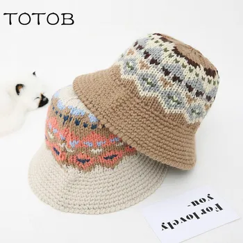 

New national style autumn and winter knit hat female color matching thick line fashion wild color wool hat thick fisherman hat