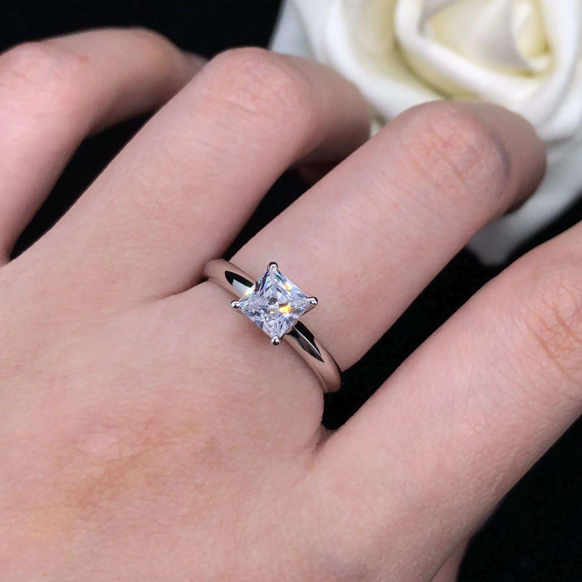 Anillo de diamante de corte princesa, 6x6mm, 1Ct, D anillo de Mujeres de compromiso, platino, 950, joyería R052|Anillos| - AliExpress