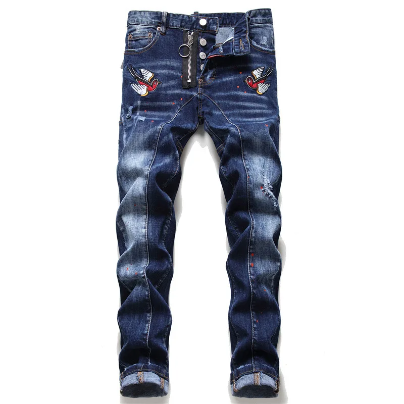 Light Luxury Men’s Slim-fit Ripped Blue Jeans High Quality Birds Embroidery Scratches Stylish Sexy Street | Мужская одежда