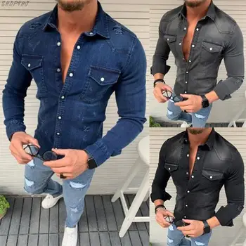

Fashion Shirts Casual Jeans Jackets Long Sleeve Pocket Slim Fit Button Autumn Soild Color Turn Down Collar Tops New Men's Denim