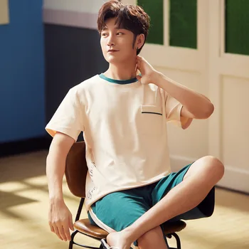 

Summer Men Thin All Pure Cotton Pajamas Crew Neck Printed Short Sleeve Pullover Shorts Two-Piece Set Homewear
