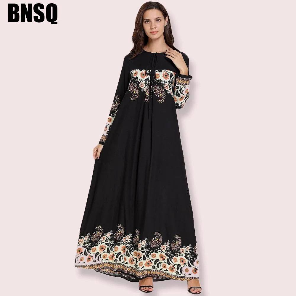BNSQ Black Printed Round Neck Lace Long Sleeve Mopping Dress Boho Casual Abaya Middle East Ramadan Arab Islamic Clothing