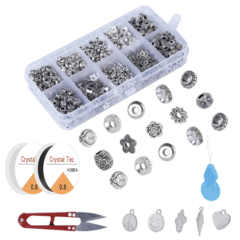 200pcs DIY antique silver alloy accessories box combination jewelry bracelet spacer pendant tool 0.8mm crystal thread scissors | Украшения
