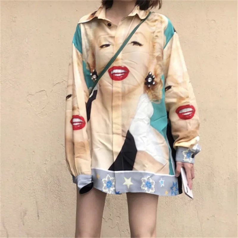 

2019 Harajuku Superstar Print Women Long Blouse Shirt Runway Designer Long Sleeve Female Summer Fall Blouse Tops Clothes
