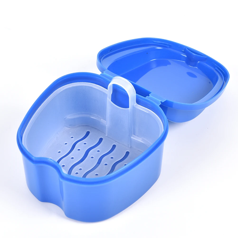 New 1pc Blue Practical Denture Bath Box Case Dental False Teeth Storage Box with Hanging Net Container