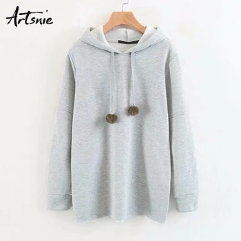 

Artsnie autumn 2019 gray casual hoodies sweatshirt women drop shoulder long sleeve knitted cotton hooded winter sweatshirts
