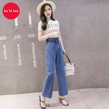 

2020Blue straight wide leg jeans with plus size denim high waist pockets for women