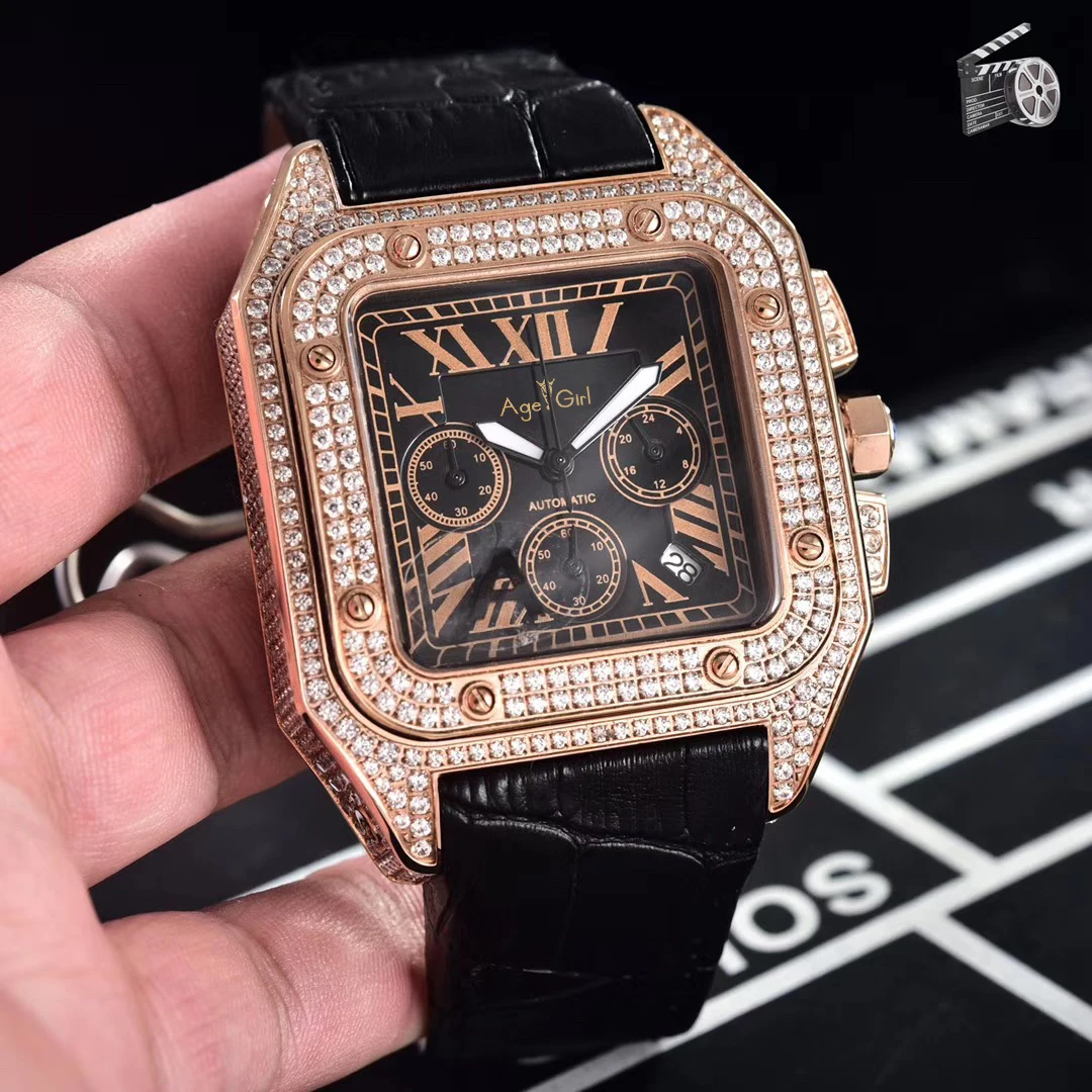 Rose Gold Black Роскошные брендовые новые мужские часы с хронографом и сапфировым сапфиром, полный Чехол со льдом и бриллиантами, Цвета: розовое золото, серебро, все черные кожаные спортивные часы, лимит - Цвет: Rose Gold Black