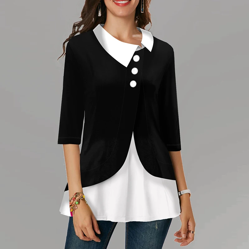 

Patchwork Plus Size Tunic Female Turn Down Collar Three Quarter Cotton Womens Tops And Blouses Button Irregular Shirts Blusas