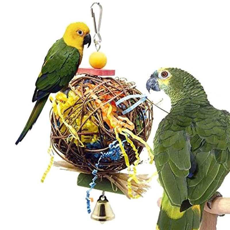 Parrot Shredder Paper Toys Hanging Rattan Ball Bird Bite Chewing Toy with Bells for Budgie Cockatiel Cage Accessories