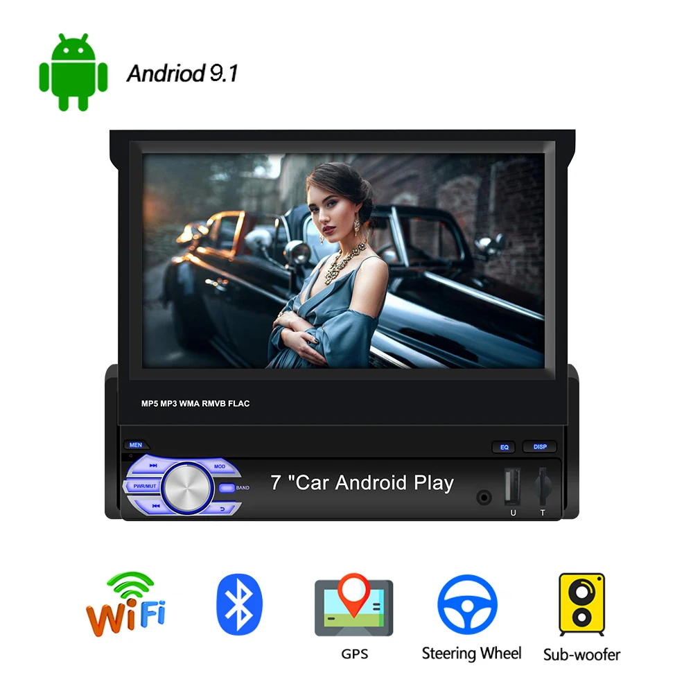 Автомагнитола 1din Android 9 1 GPS навигация выдвижной 7 дюймовый сенсорный экран
