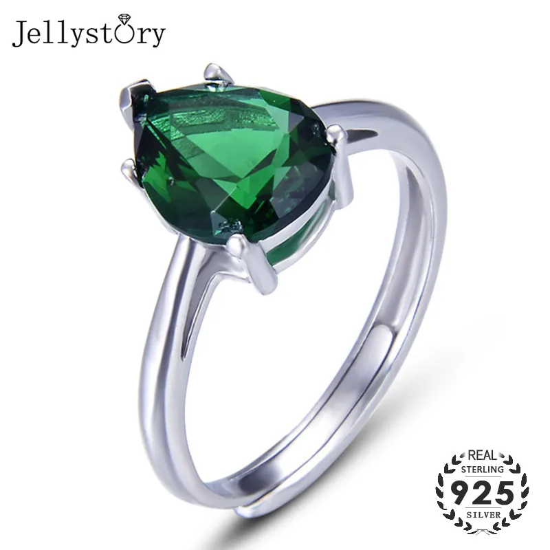 Jellystory Classic 925 Sterling Silver Open Rings Water Drop Shaped Emerald Gemstones for Women Fine Jewelry Wedding Party Gifts