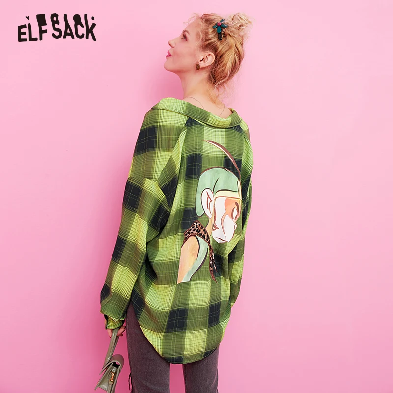 ELFSACK, клетчатая, полосатая, с мультяшным принтом, Повседневная блузка, рубашка, женские топы, осень, зеленые, с длинным рукавом, винтажные женские блузки
