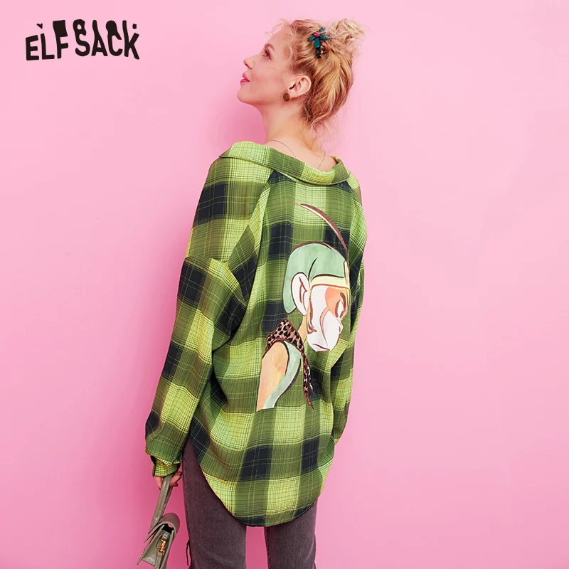 ELFSACK клетчатая полосатая с мультяшным принтом Повседневная блузка рубашка
