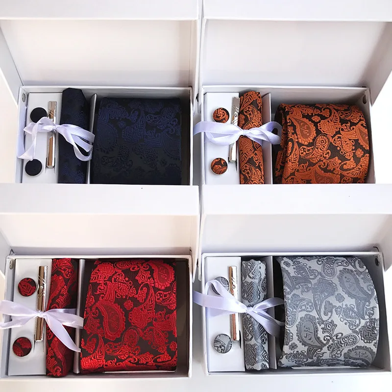

High Quality Man Tie + Hanky + Cufflinks + Tie Clip Gift Box Set Handkerchief Male Accessory Festival Wedding Gift Silk Necktie