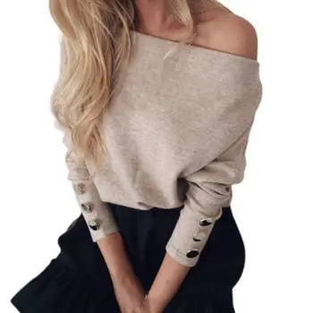 

Women Off Shoulder Sweater Autumn Winter Long Sleeve Button Elegant Sexy Slash Neck Solid Knitwear Streetwear Pullovers
