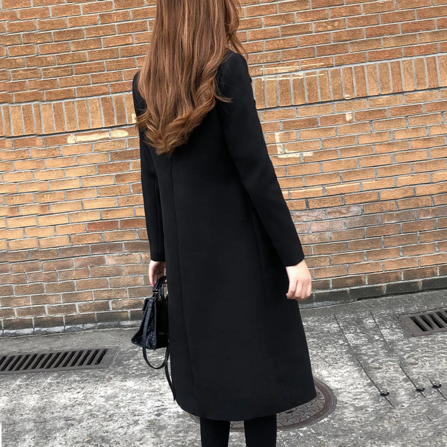 Однотонное зимнее шерстяное Женское пальто корейского размера плюс, тонкое кашемировое пальто, женское теплое Черное пальто с отложным воротником, Длинные куртки