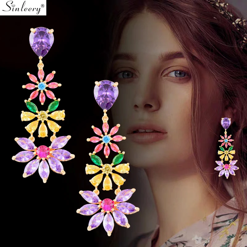 

SINLEERY Dazzling Colorful Flowers Drop Earrings Purple Yellow Pink Cubic Zirconia Wedding Earrings For Women Jewelry ES731 SSH