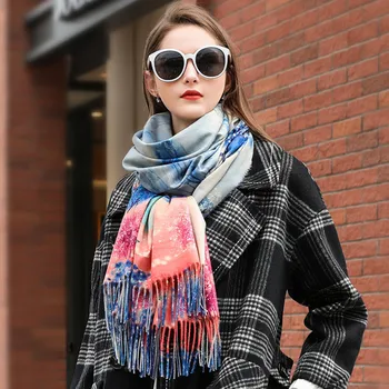 

Fashion Winter Scarf Women Warm 3D Retro Oil Painting Style Digital Printing Cashmere Scarf Thicken Long Ladies Tassel Scarves