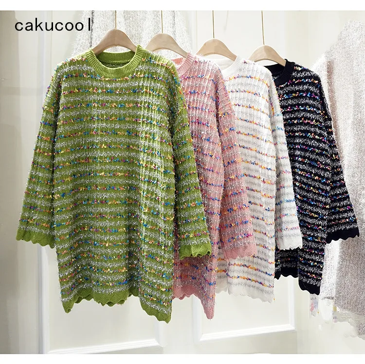 Cakucool/цветной свитер из люрекса для женщин, длинный рукав, свободный, негабаритный, блестящий джемпер, милый, средней длины, вязаный пуловер, свитер для девочек, женский