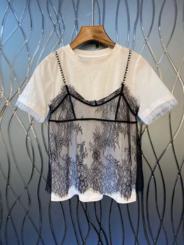 

2020 Spring and Summer New Women's Crew Neck Lace Embroidery Color Stitching Mock Two-Piece Short-Sleeved Tops 414