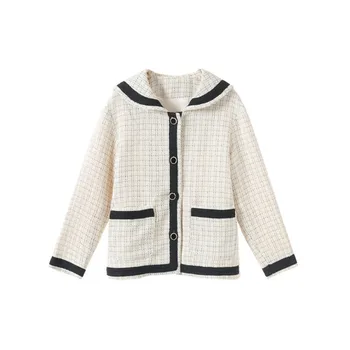 

2019 Autumn Winter New Navy Collar Long Sleeve Coat Female Single Breasted Short Section Tweed contrast Color With Pocket Shirt