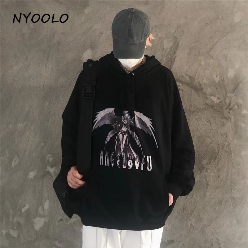 NYOOLO Harajuku уличная аниме Крылья Девушка толстовки с надписью Осень Свободный длинный рукав с капюшоном Пуловеры Толстовка для женщин и мужчин