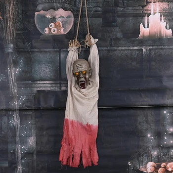 

Halloween Hanging Bald Head Ghost Electric Props Ghost Doll Scary Eyes Glowing Make Creepy Voice Halloween Decoration Supplies