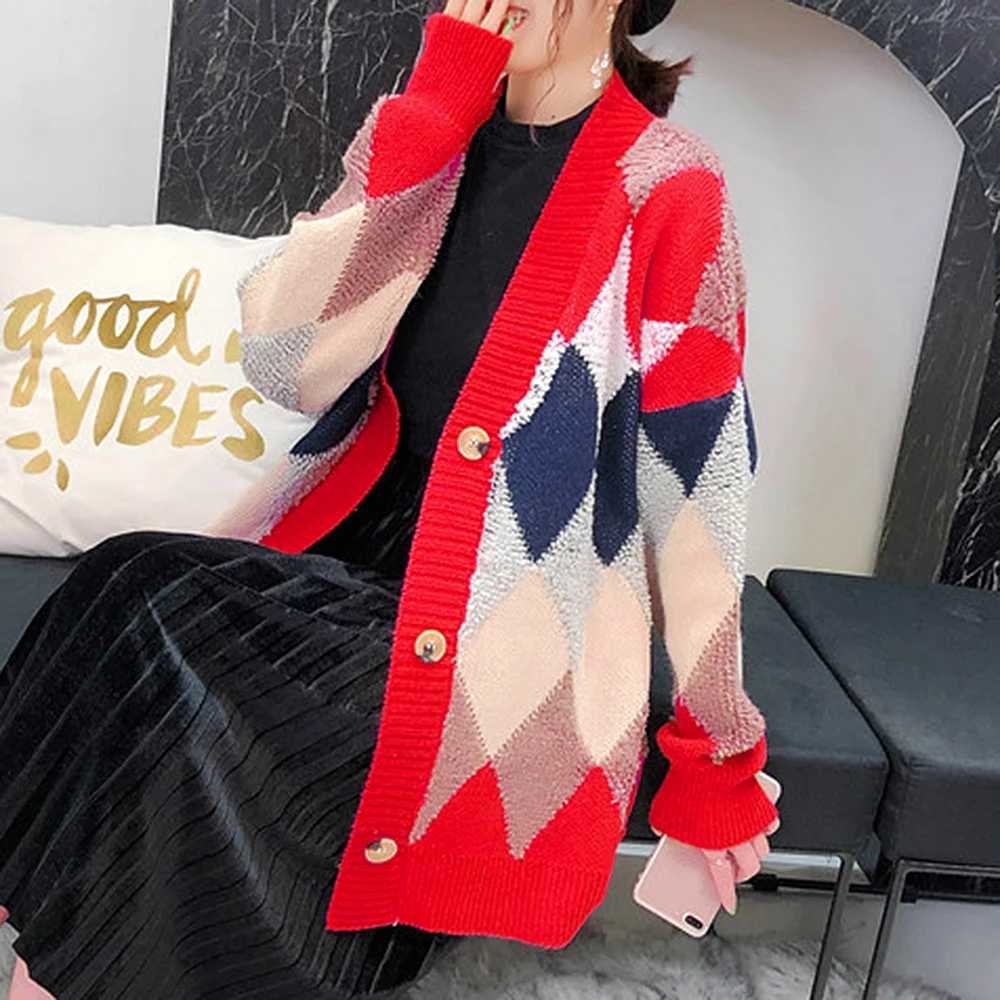 Oeak New Knitted Cardigans Women Lattice Color Coats Femme Matching Knitwear Tops Korean Style Ladies Casual Jersey Mujer