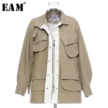 [EAM] куртка свободного кроя с большим карманом, с разрезом, большого размера, новинка, стоячий воротник, длинный рукав, Женское пальто, модный стиль, Осень-зима,, 1H2010