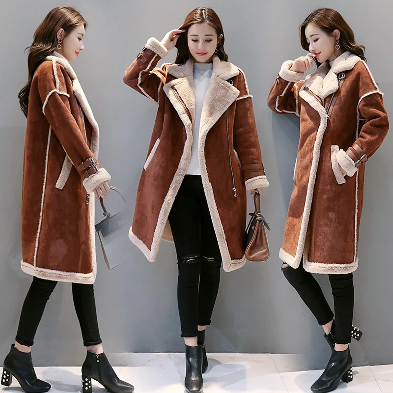 

2018 Suede Coat Women's Winter Mid-length Fur Locomotive Suede Lambs Wool Joint Loose-Fit Overcoat