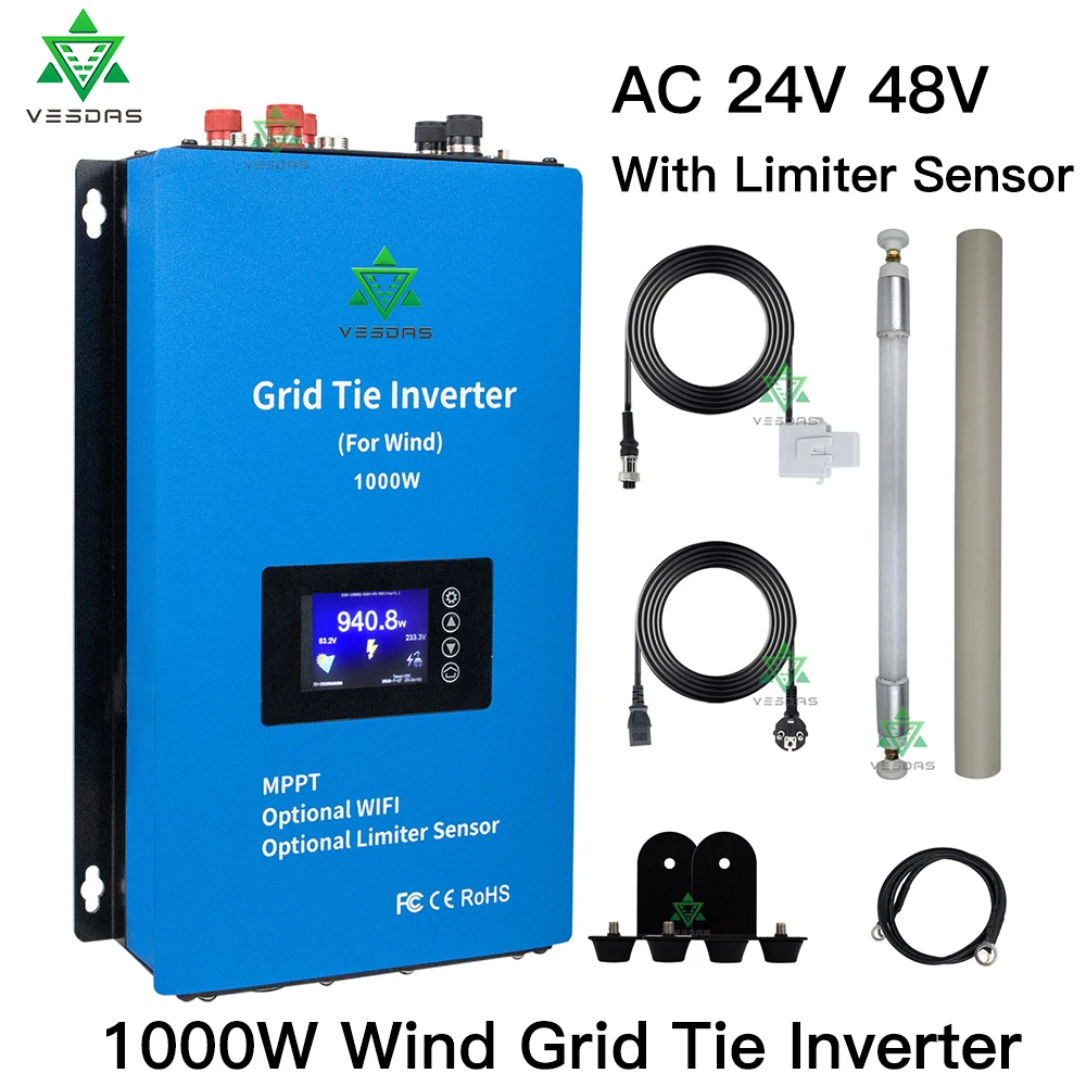 MPPT 1000W sieciowy 3 zdanie falownik wiatr moc Microinverter czysta fala sinusoidalna z ogranicznikiem do 24V 48V AC wiatr generator z turbiną