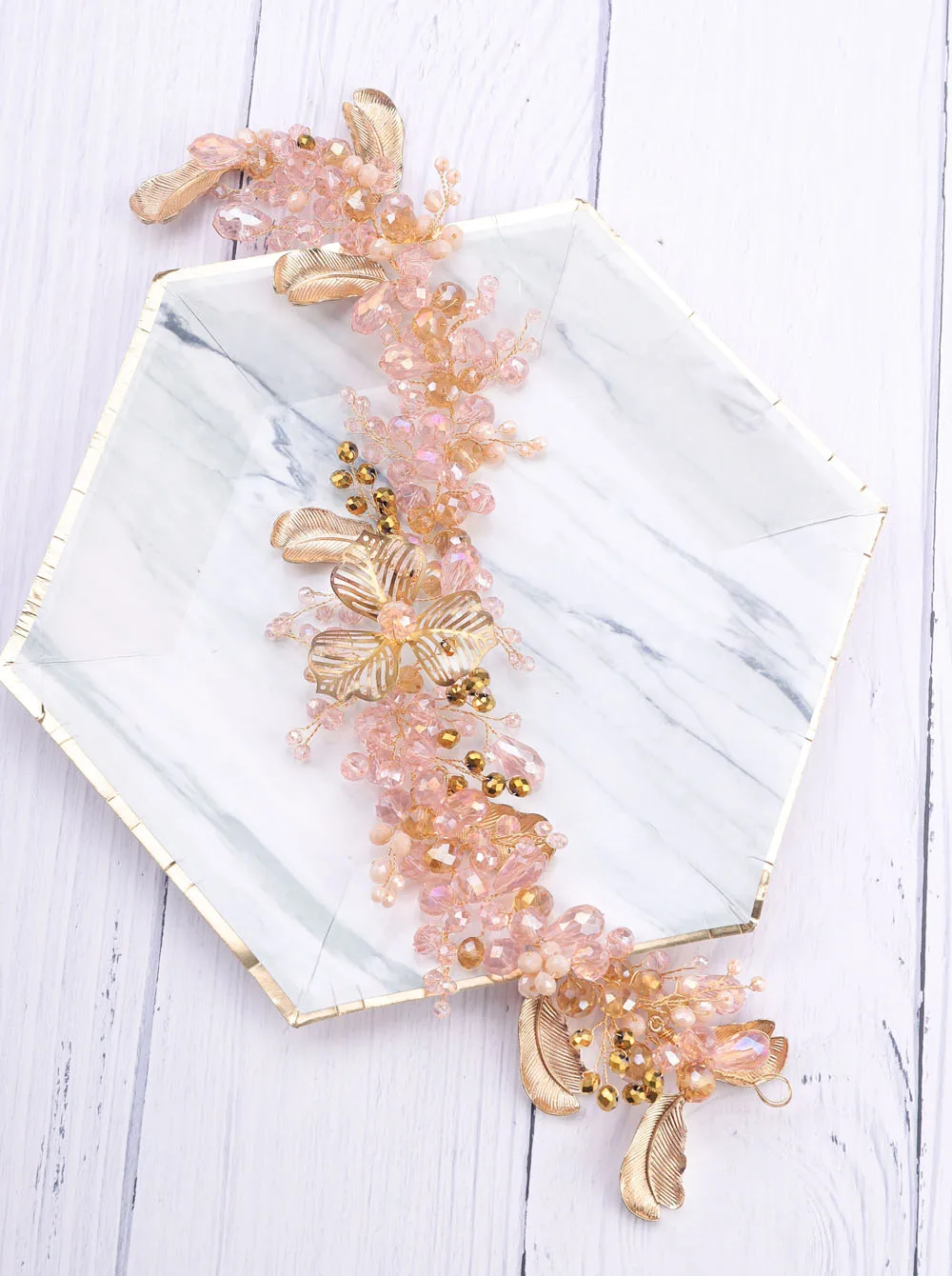 Brideamaid Flower Headband Gold Pink Crystal Wedding Hair Vine Hairpiece Bridal Hair Accessories