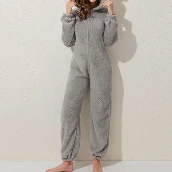 

HEFLASHOR Autumn Winter Cute Fleece Plush Warm Hooded Jumpsuit Pajamas Women Long Sleeve Solid Color Casual Sleepwear Homewear