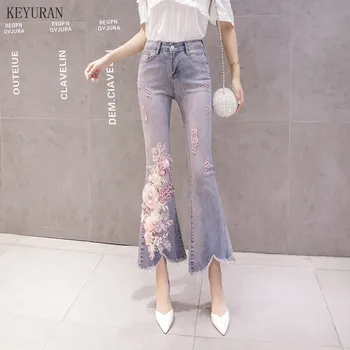 

High Waist Elastic Jeans Women 3D Flower Embroidery Appliques Pearls Denim Long Trousers Ladies Flare Pants Sequined Casual Jean