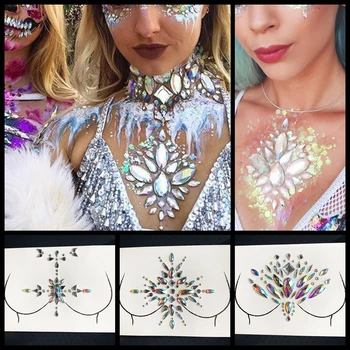 

Self Adhesive Temporary Tattoo Rhinestone For Lady Performance Flash Breast Jewelry Shiny Gem Cheast Tattoo Sticker Decorations