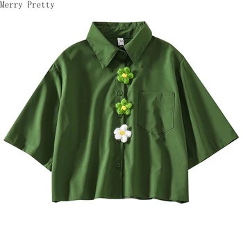 

Women Coton Crop Tops Cartoon Appliques Short Sleeve Turndown Collar Pocket T Shirts 2020 Spring Femme Casual Loose Tops Tees