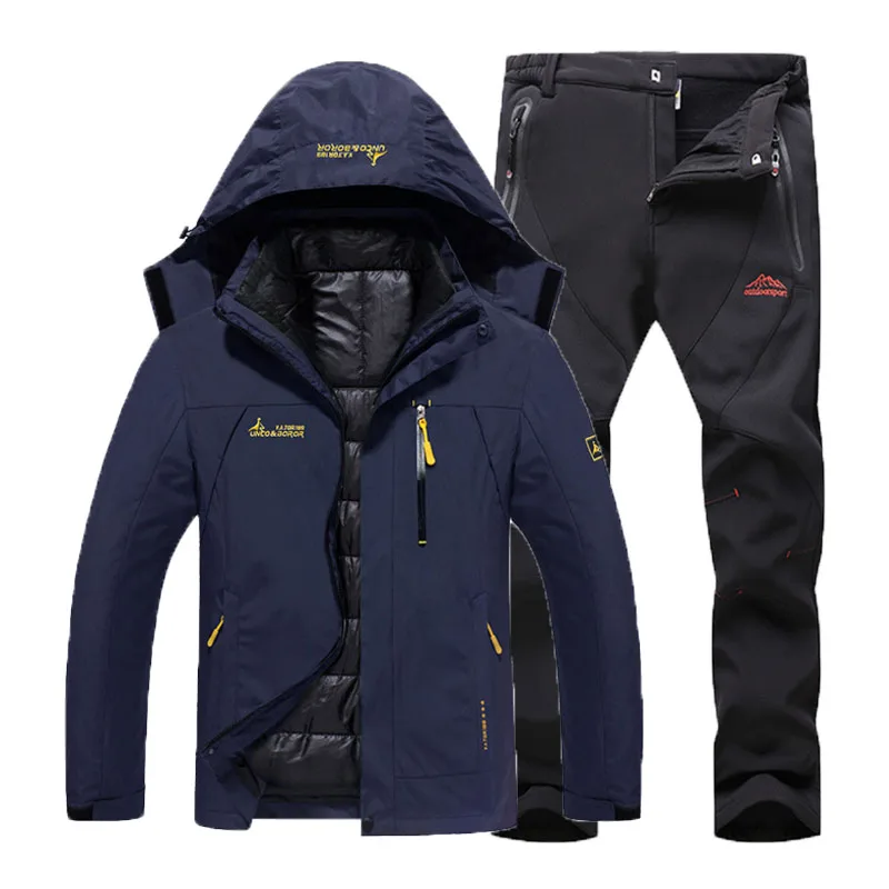 Navy Black Suit Мужские зимние водонепроницаемые треккинговые походные лыжные ползунки, теплые хлопковые куртки 3 в 1, флисовые штаны, костюм, пальто - Цвет: Navy Black Suit