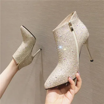 

Rhinestone 2019 autumn and winter new wild pointed high-heeled fashion Martin bare boots women