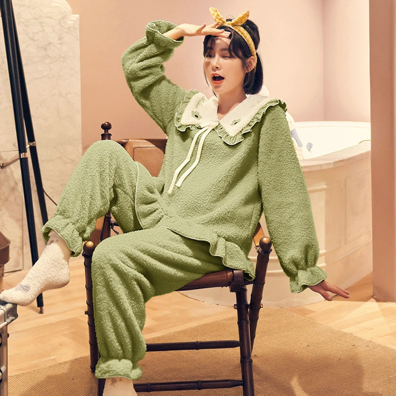 

Autumn and winter ladies pajamas sweet and cute solid color doll collar long-sleeved thick warm home service suit JJF0182