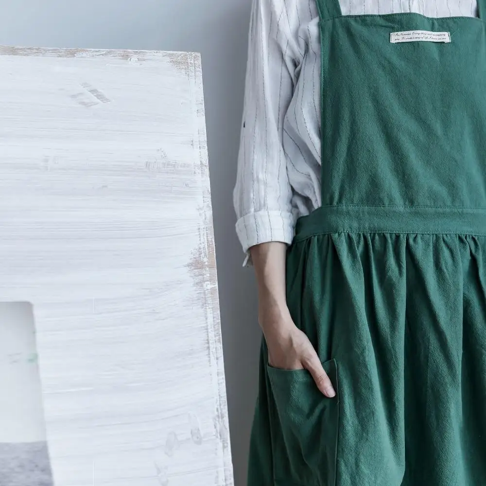 49 New Pleated skirt cotton linen apron Women Cooking Kitchen Work Uniform and flower shop apron for woman long dress smock