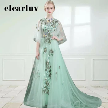 

Light Green Robe De Soiree DR448 Crepe A-Line Long Gowns O-Neck Half Sleeve Women Party Dresses Appliques Pattern Evening Dress