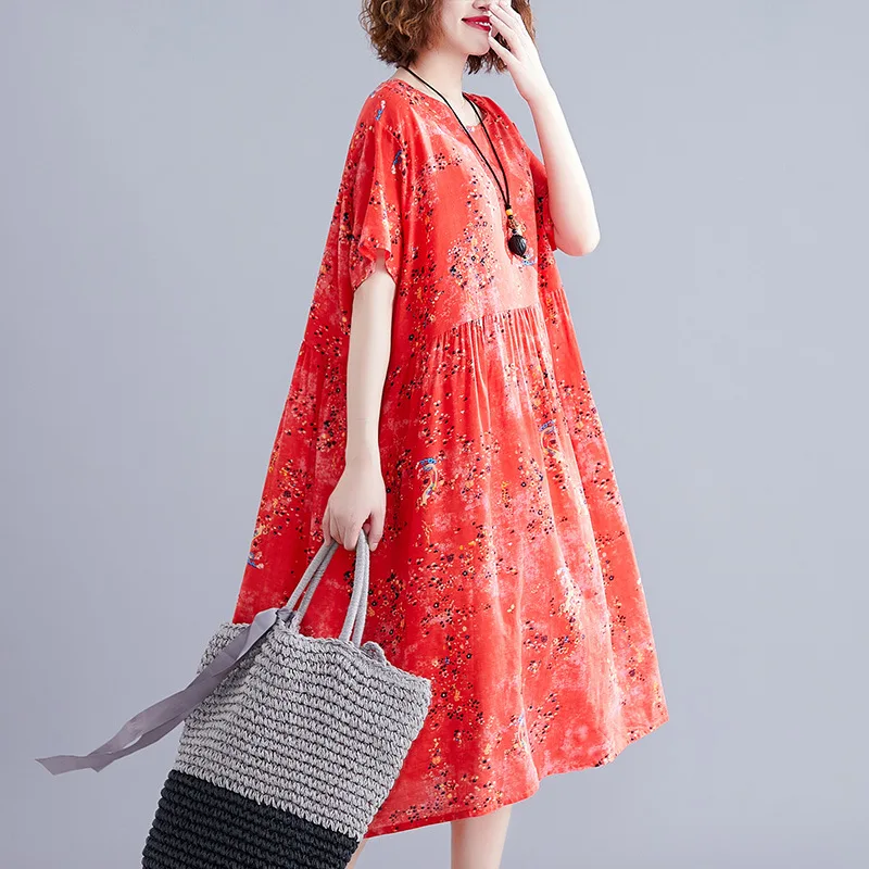 

2019 Summer New Style Ethnic-Style Cotton Linen Printed Crew Neck Short-sleeve Dress High-waisted Loose-Fit Slimming Long Skirts