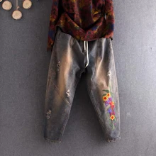 Весенние новые художественные стильные женские винтажные джинсы с вышивкой, Свободные повседневные хлопковые джинсовые штаны-шаровары с эластичной талией, рваные джинсы S475