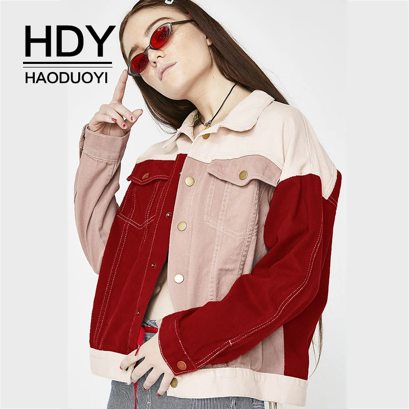 

HDY Haoduoyi Fashion Casual Sweet Girl College Style Red Pink With Stitching Turn-down Collar Single Breasted Women Coat