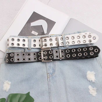 

PUNK Belt new 2020 women black leather belts hollow out sivler buckle cool designer belt cinturon mujer white waistband