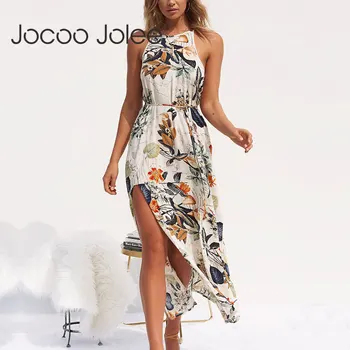 

Jocoo Jolee Boho Floral Print Halter Maxi Dress Sexy Sleeveless Lace Up Split Long Dress Casual Retro Cotton Beach Party Dress