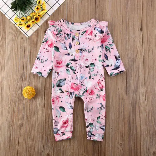 

6-24M Princess Baby Girls Rompers Cotton Fly Long Sleeve Jumpsuits Ruffles Toddler Flower Printed Button One Piece Fall Outfits