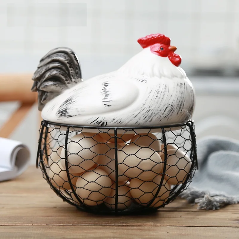 Ceramic Egg Holder Chicken Wire Egg Basket Fruit Basket Collection Ceramic  Hen Oraments Decoration Kitchen Storage 19CMX22CM